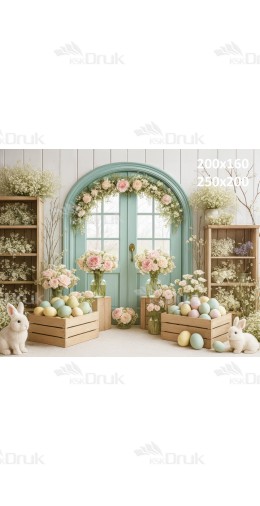 Tło fotograficzne z pastelowymi jajkami, królikami i kwiatową aranżacją | E578